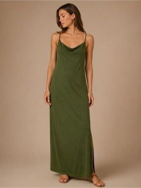 Victoria Secret Olive Green Cow Neck  Slip Maxi Dress w/Side Slit Size Small